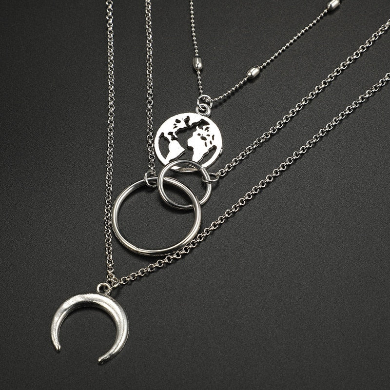 TE™️:Multi-Layer Moon World Map Pendant Necklace