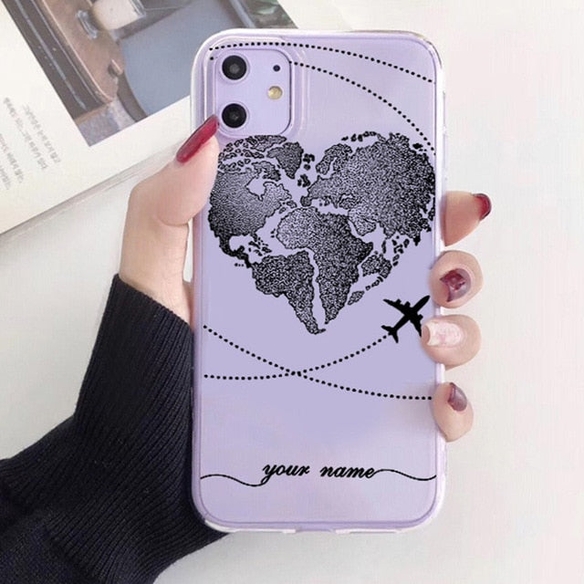 World Map Travel Plans Clear Soft Phone Case For iPhone For iPhone X XS Max 7 8 6 Plus XR Cases DIY Custom Name Line Phone Cover
